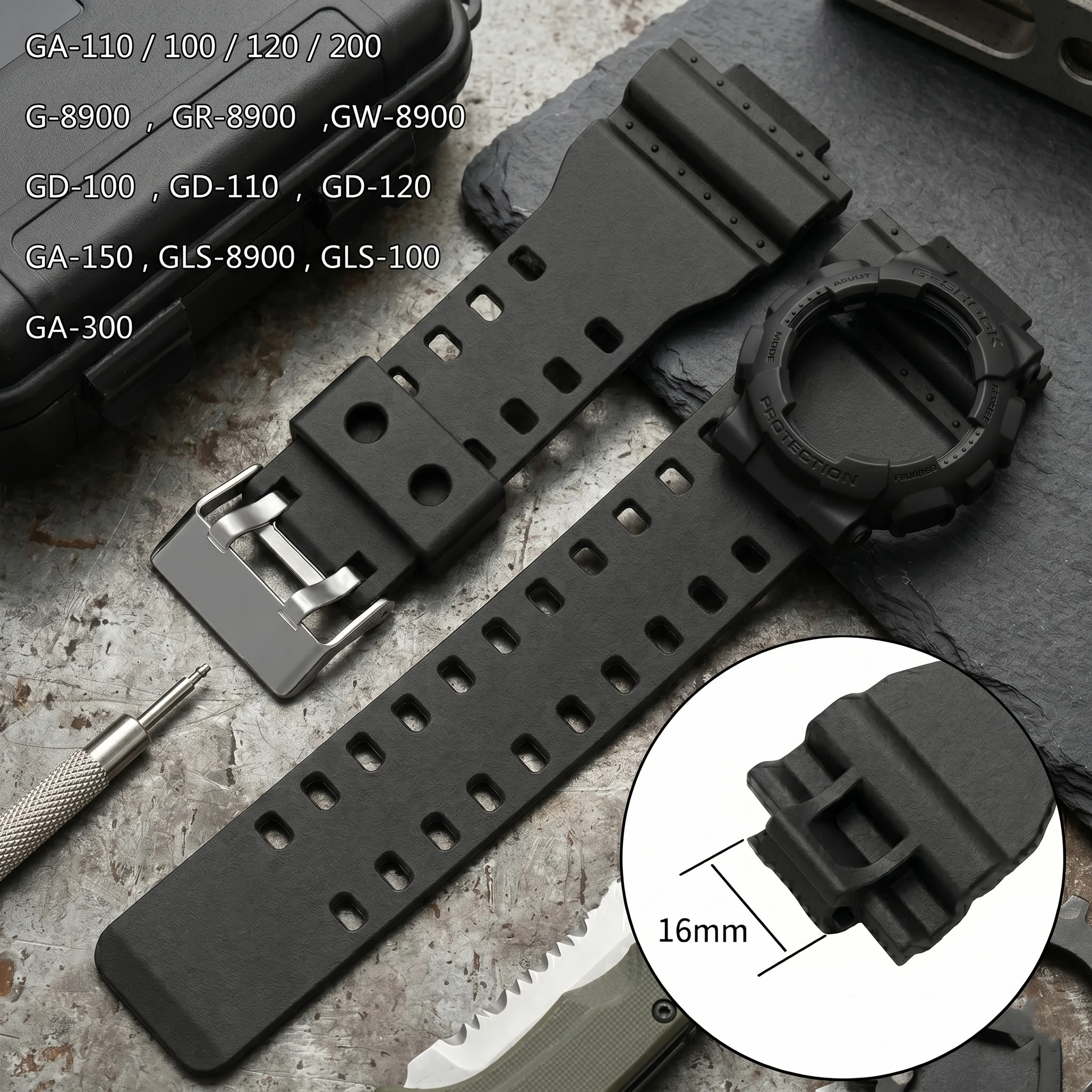 16mm Rubber Watchband For Ga110 Ga100 400 Gd/Gls/100 120 Replacement Strap Black Silicone Bracelet Watch Band