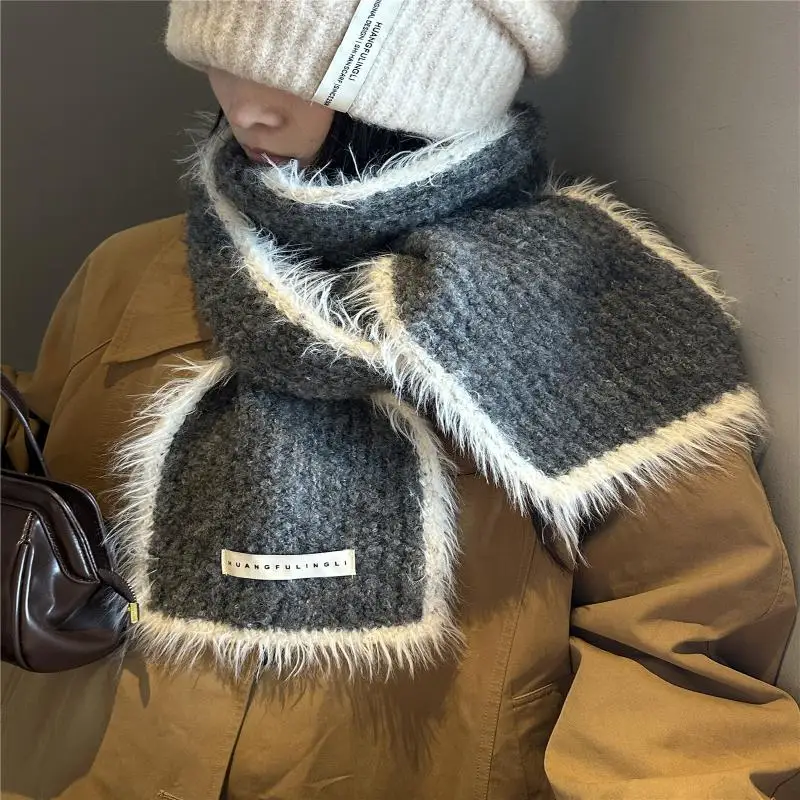 مزيج الصوف كتلة اللون وشاح متماسكة مهدب شرابة لينة وشاح الشتاء الدافئ للنساء الطلاب الكورية نمط غرزة الموضة #2