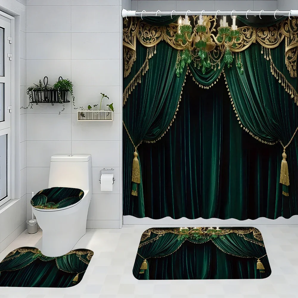 

4pc Elegant and dignified green bath curtain set, 2D flat printed bathroom partition curtains, modern home curtain decoration