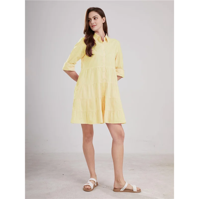 ASDS-robe chemise mi-longue rayée boutonnée pour femmes, décontractée, ample, revers, manches longues, robes mi-longues