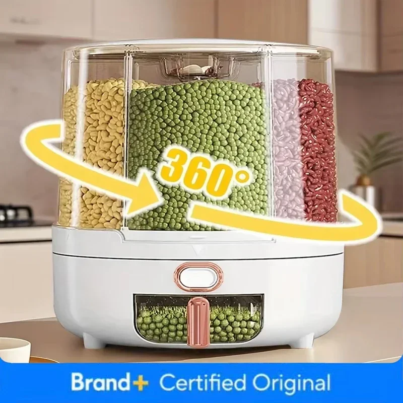 6-Compartment 360° Rotating Airtight Food Storage Container - Moisture-Proof for Cereal, Candy, Rice - Kitchen Pantry Organizer