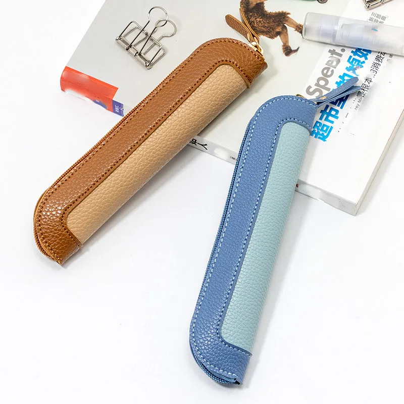 Color-blocked Leather Pencil Case Student Stationery Protective Bag Office Business Portable Zipper Pencil Bag