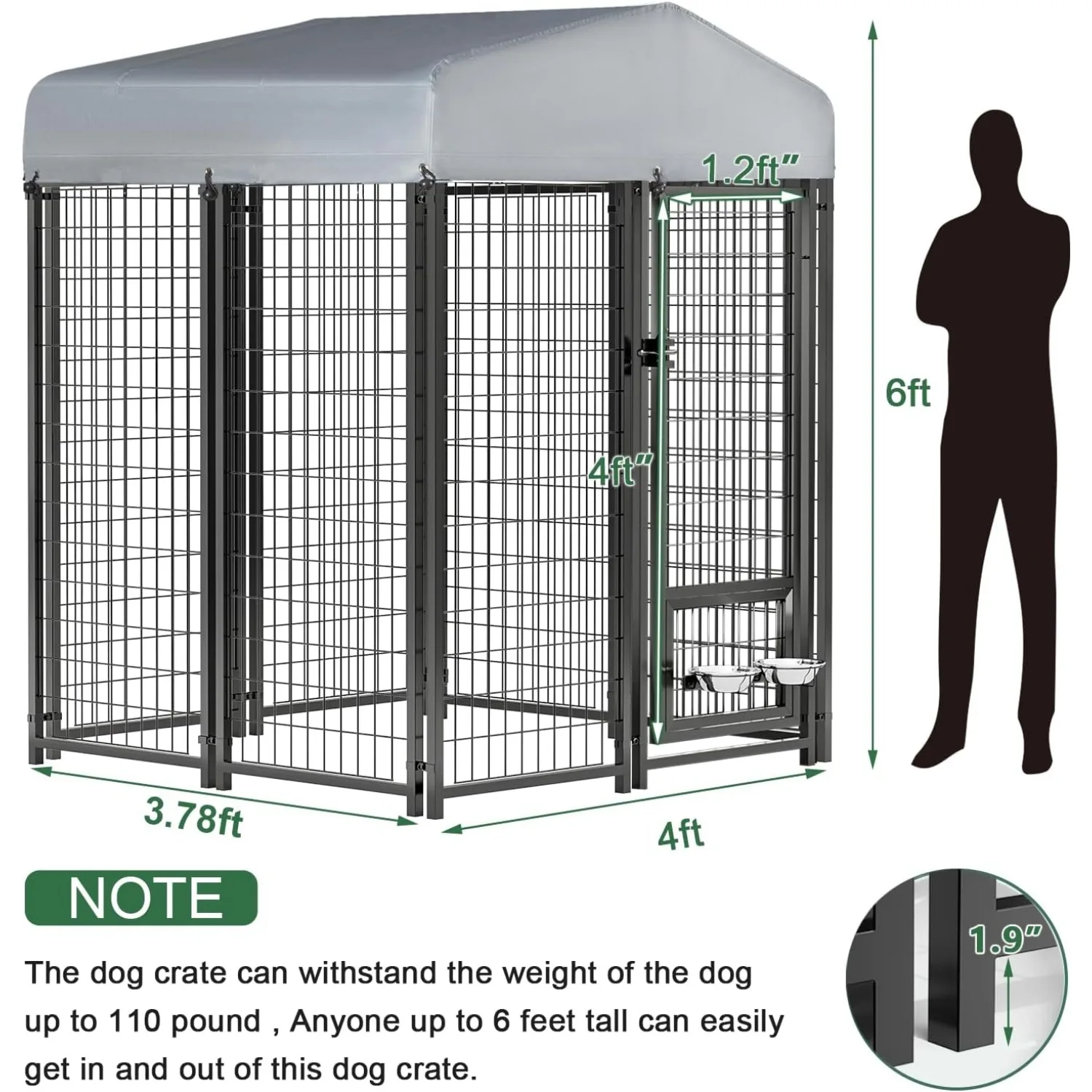 Cuccia per cani da esterno grande 4x4x6ft con ciotola girevole per cani, corsa per cani in filo saldato resistente, recinzione per box per cani (4x4x6ft)