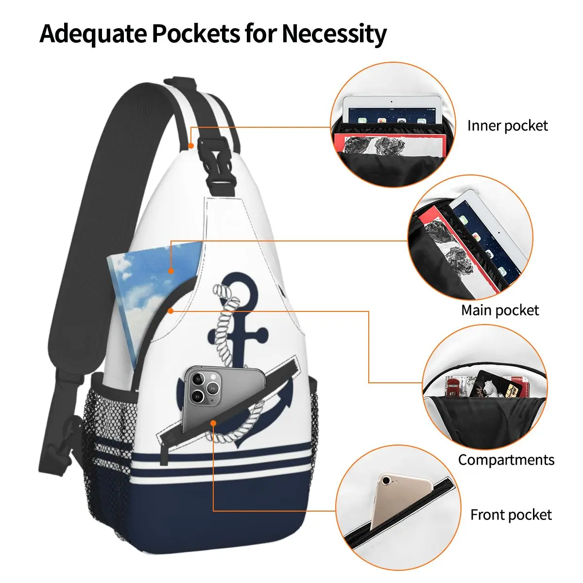 Nautische blaue Anker Cross body Schulter taschen kleine Brusttasche Marine Streifen Schulter Rucksack Daypack Reise Wandern Sport Schulranzen