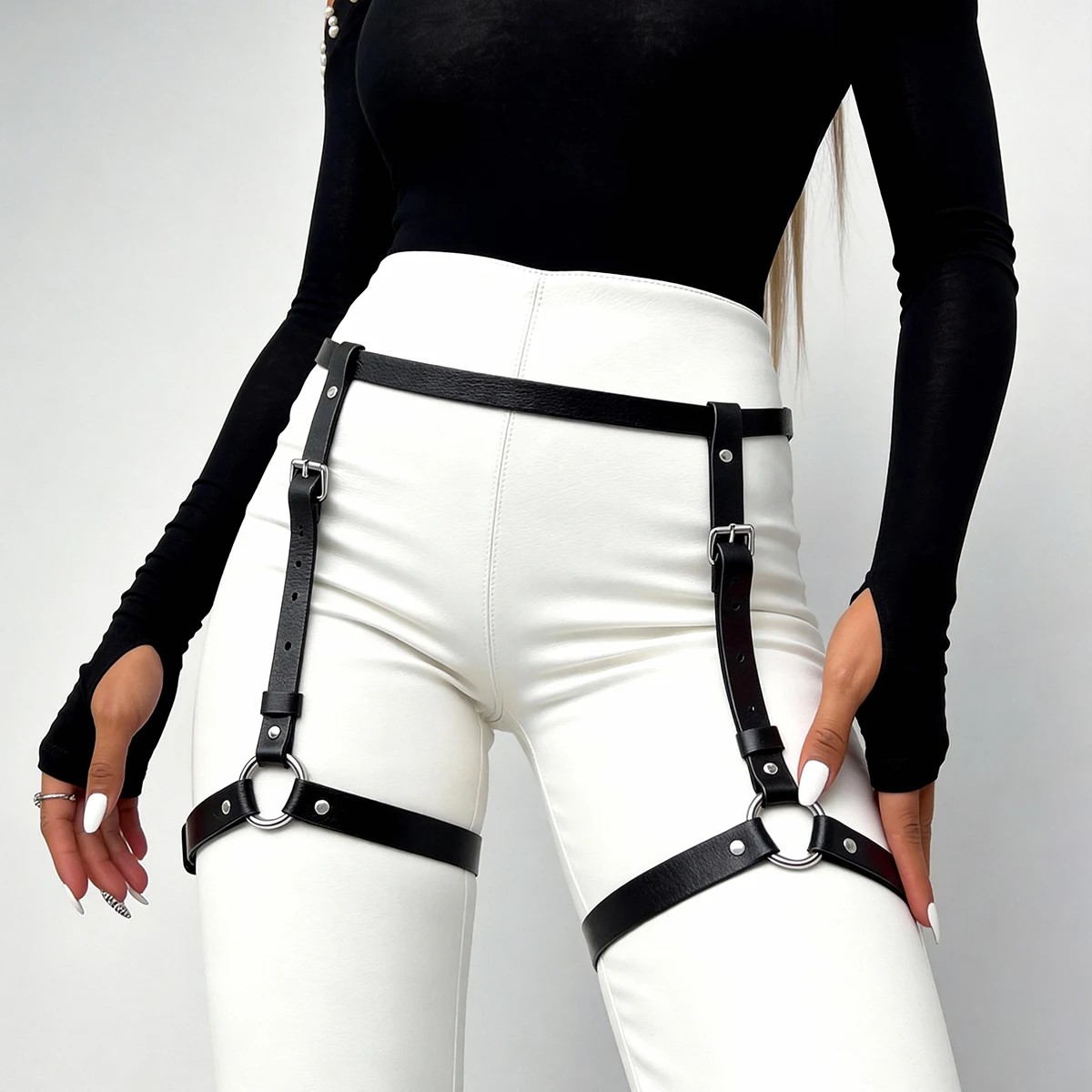 Punk Leder Körperkette Punk Leder Taillenkette Punk Taillengürtel Damen Damen Punk Gothic O-Ring PU-Leder Beinriemen, Verstellbarer Dekorriemen für Jeans Rave Festival Accessoires – Detail 3