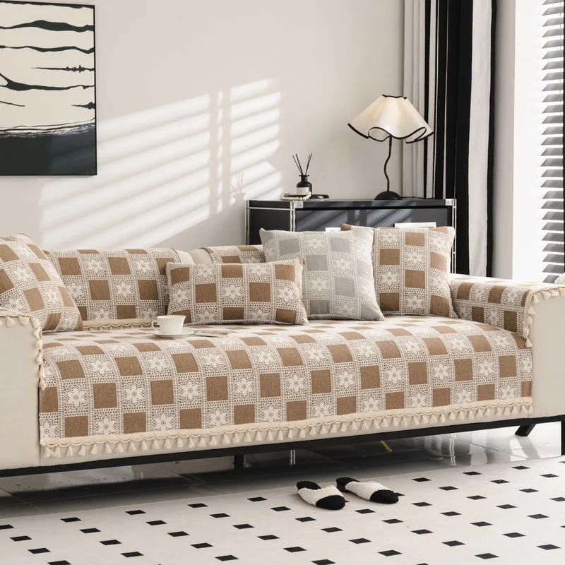 1PC Jacquard Sofa Mat Cover Solid Color L-shaped Sofa Towel Water Repellent Anti-Slip Couch Slipcovers for Living Room Hotel