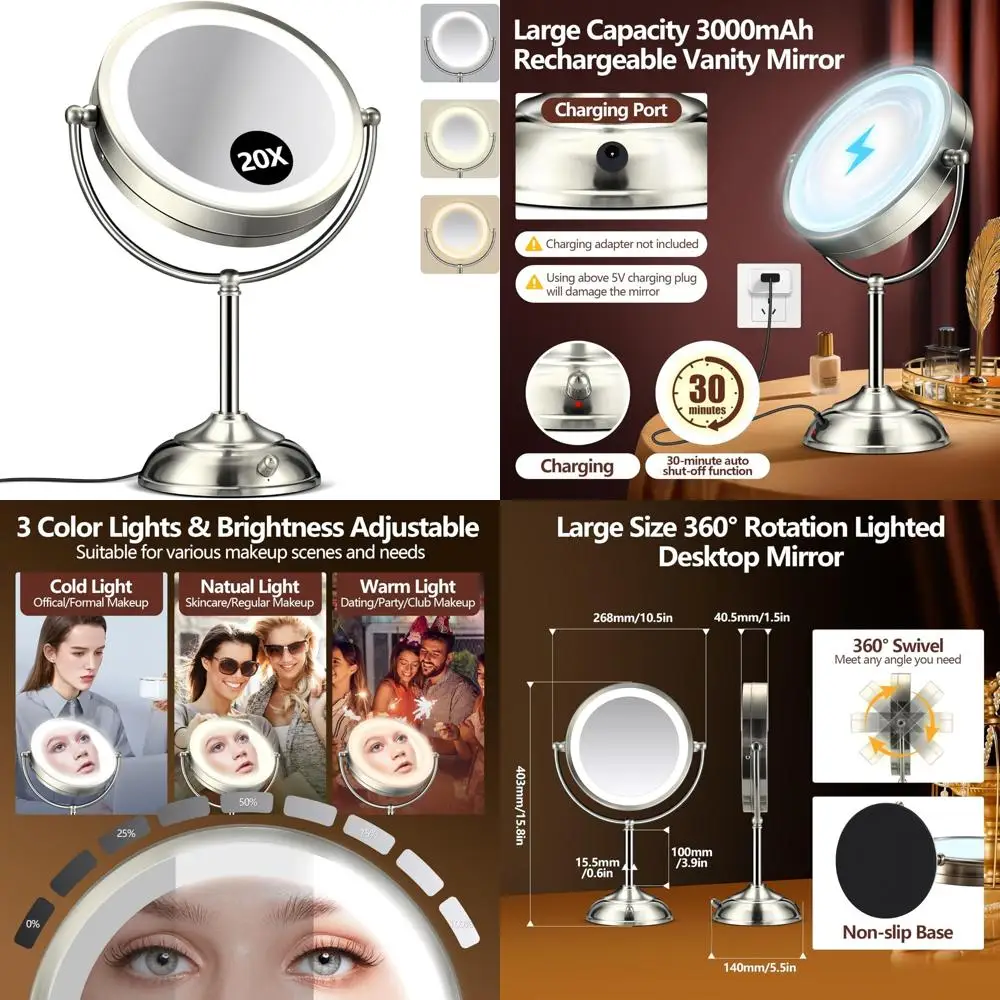 

Rechargeable LED Lighted Makeup Mirror with 20x Magnification, Adjustable Brightness, 30-Minute Timer, and 3 Color Modes for Enh