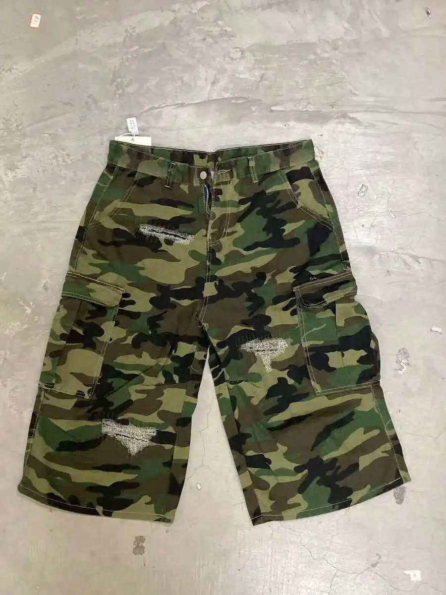 

Mens Distressed Camouflage Cargo Shorts Loose Fit Knee Length Outdoor Casual Wear
