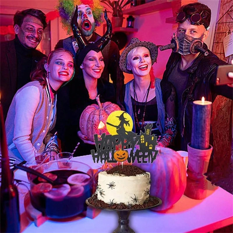 Baking DIY Party Decoration Supplies,Happy Halloween Cake Topper Flags Black Witch Castle Pumpkin Cupcake and Cake Topper view 4