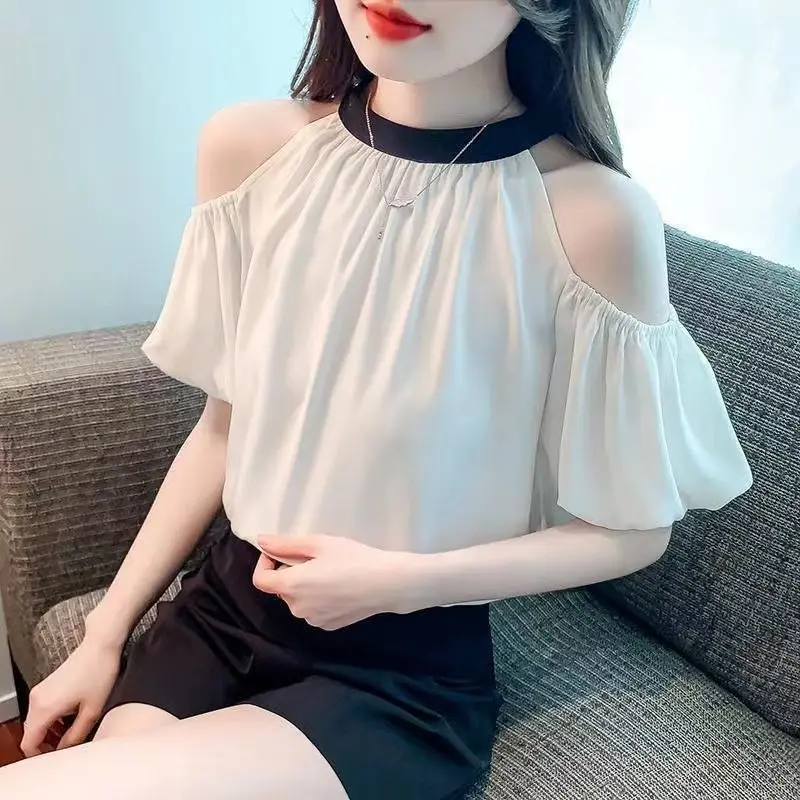 Fashionable Sweet Summer New Shirts Women\'s Spliced Solid Ruched Round Neck Off-the-shoulder Loose Short Sleeve Chiffon Blouses