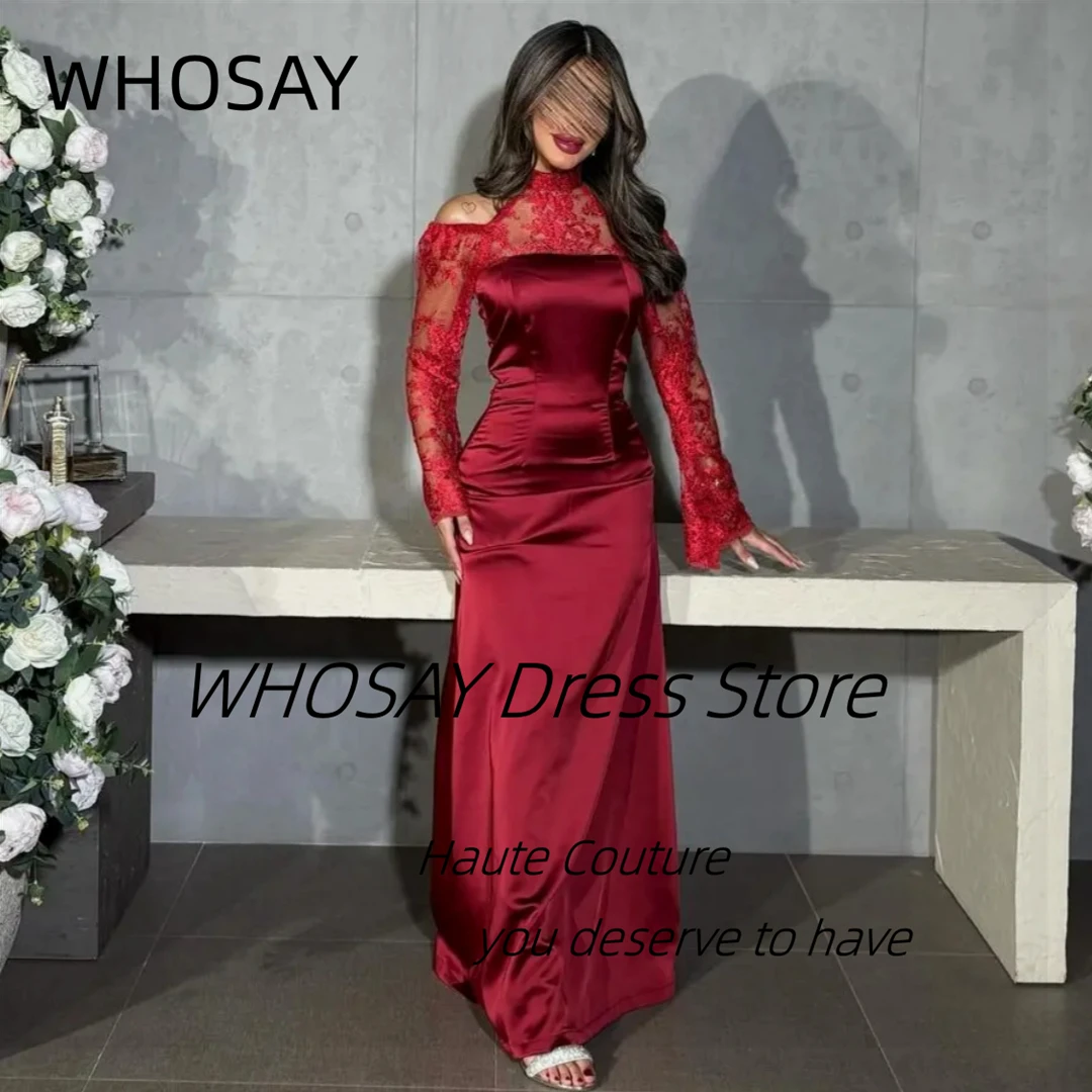 

WHOSAY Saudi Prom Dresses High Collar Lace Long Sleeves Vestidos De Festa Customized Zipper Back Special Party Evening Dress