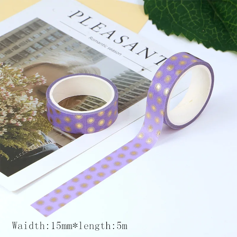 New 1PC 15mm*5m Gold Foil Purple Flowers washi tape kawaii Deco Adhesive Scrapbooking Stationary Masking Tape sticker