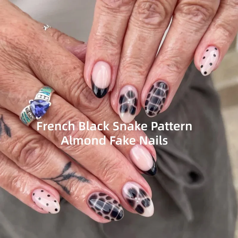 French Black Snake Pattern Polka Dot Flower Almond Fake Nails Art Star Long Pointed False Nails Moon Sun Square Press on Nails