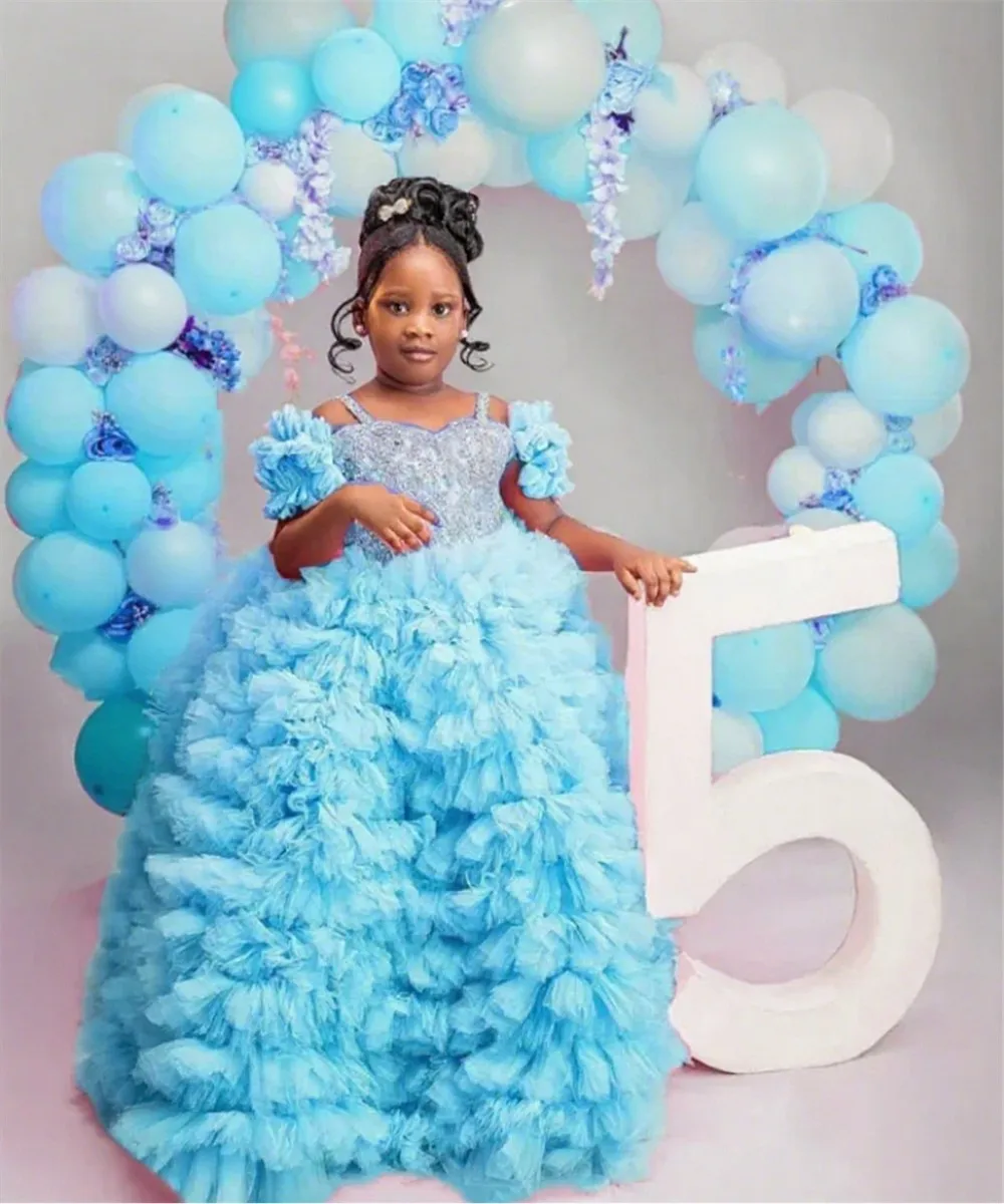 

Luxury Customized Flower Girl Wedding Dress Appliques Bow Beaded Ruffles Tiered Princess Birthday Party Pageant Gown