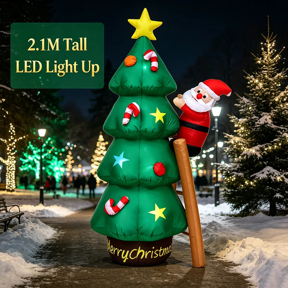 2.1M Inflatable Christmas Santa Climbing Ladder Tree with LED Lights, Blow Up Yard Decor for Party Garden Park Mall