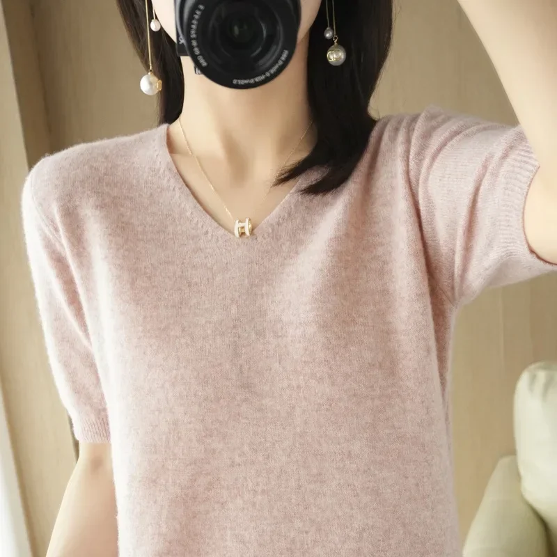 Women Sweaters Spring Summer Short Sleeve V-neck Thin Pullovers Solid Korean Fashion Bottoming Shirt Soft Knitwear Jumpers