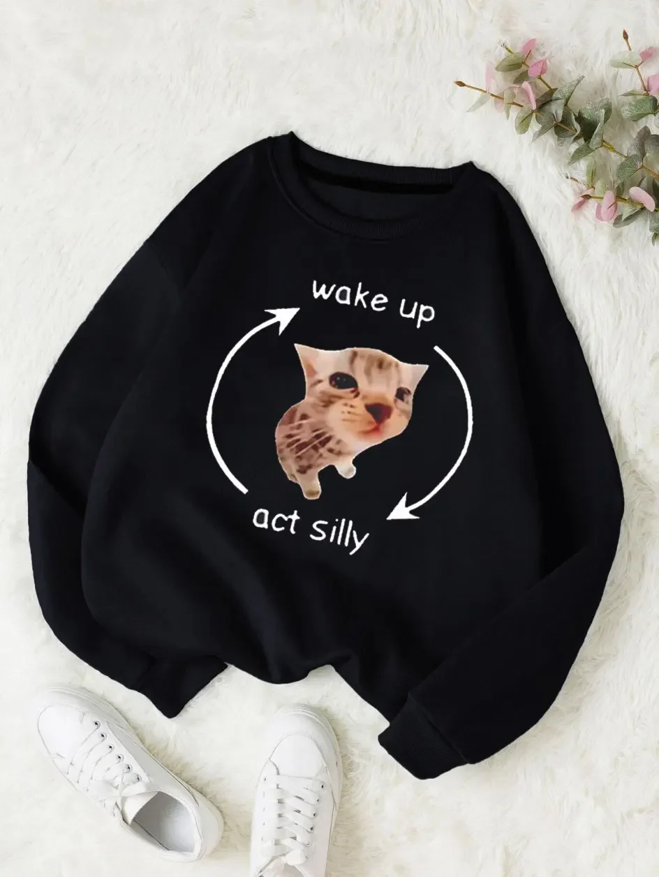 Wake Up Act Silly Meme Hoodies Funny Cute Cat Graphic Hoodies Sleeve Women Casual Popular Y2K Clothes Women\'s Sweatshirts