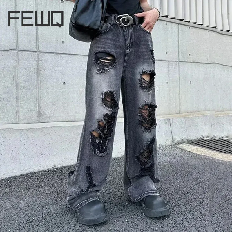 

FEWQ Oversized Street Vibe Washed Ripped Jeans High Waist Loose Fit Slimming Design Wide Leg Pants Vintage Fashion 24E1629