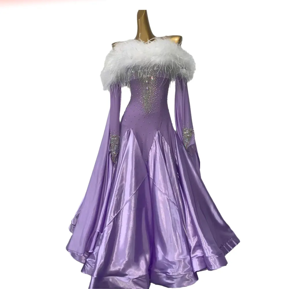 Dance Hall Modern Dance Professional Dress High end Customized Purple Skirt with Diamond Stage Professional Clothing