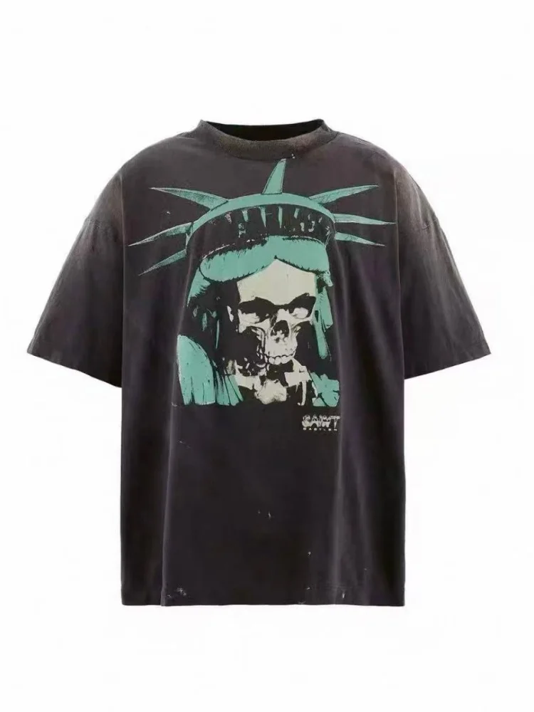 

Soft Cotton Saint American Skull Print T-Shirt Mens Oversized Loose Fit Gothic Dark Style Tee