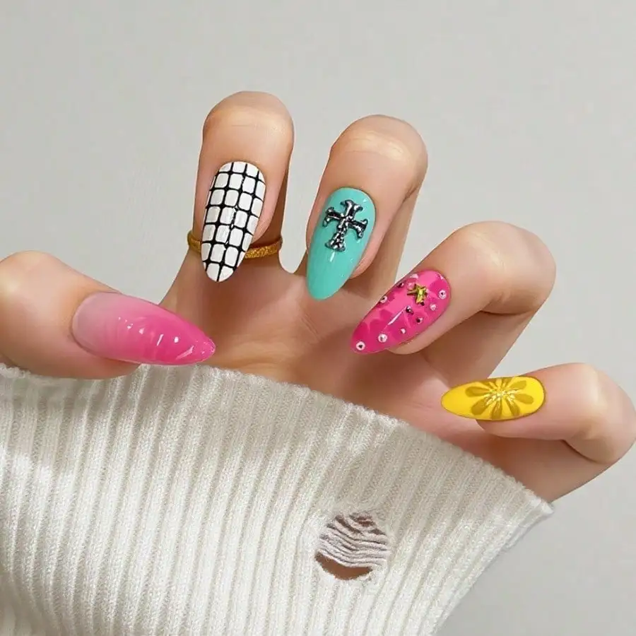 

24Pcs 3D Gel Press On Nails, Y2K Star Floral Cross,Reusable, Jelly Glue & Nail File,For Women Daily Party Vacation,Free Shipping
