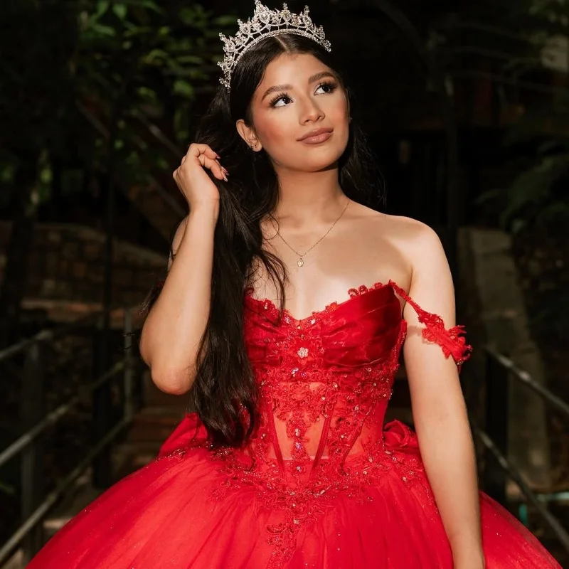 

Красное платье Quinceanera, кружевное тюлевое блестящее платье, 3D цветок, длинный хвост, большой бант, платья de 15, Quinceanera ﻿ Индивидуальный