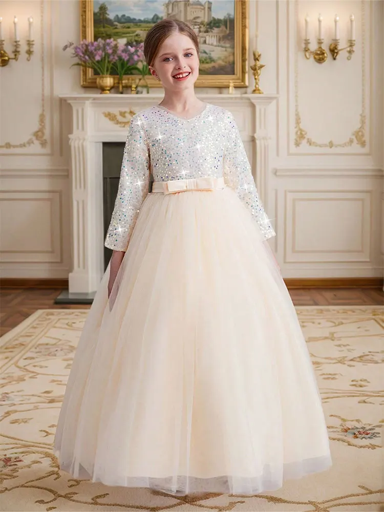 

Round Neck Luxury Shiny Pink Girl Wedding Flower Girl Dress 10th Birthday Princess Evening Dress Girl Performance Dress