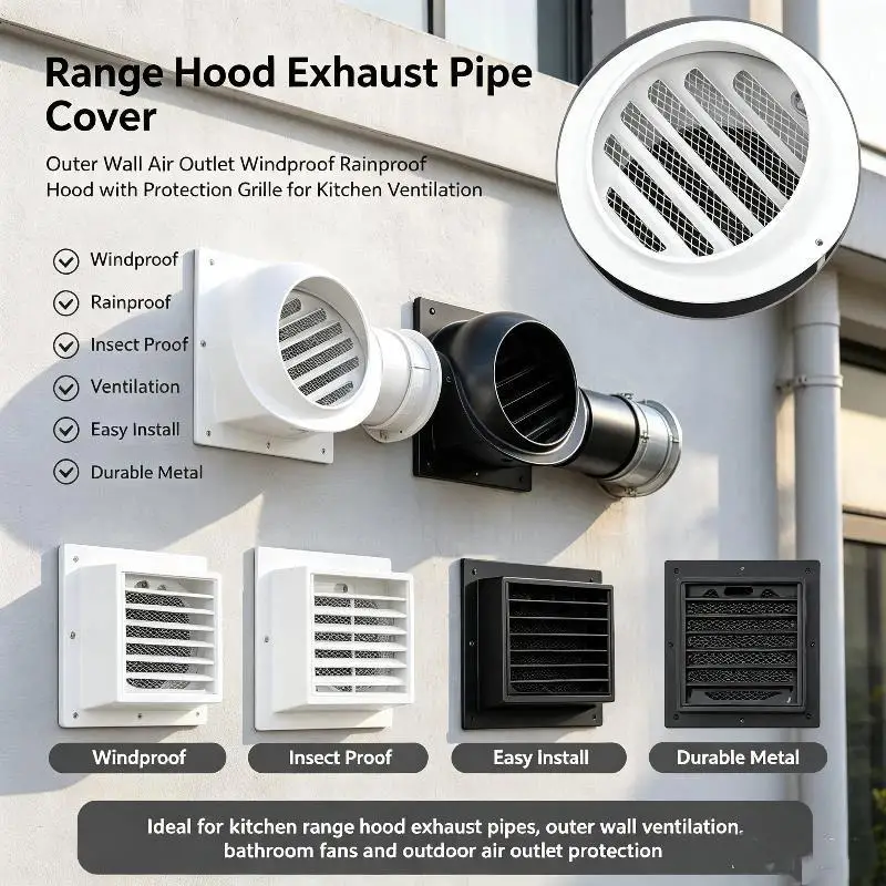 1Pcs Stainless Steel Black Exhaust Hood Wall Vent Cap 70-150mm With Built-in Fine Mesh Air Vent Outlet Grille Louvres
