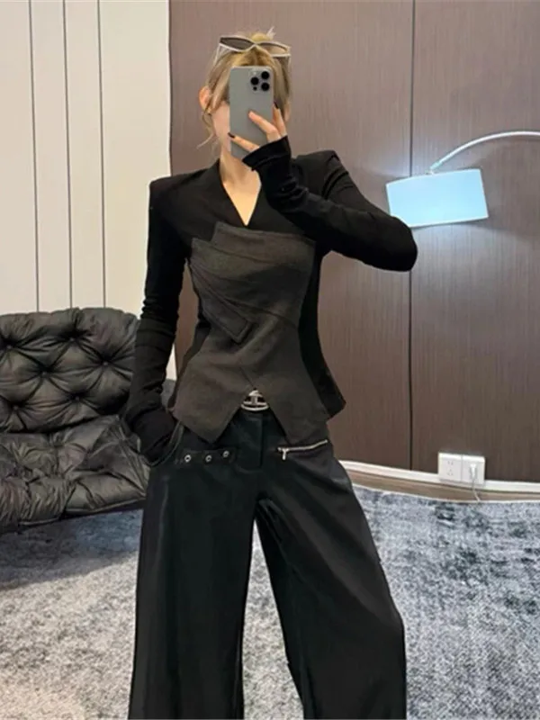 

plus Size Women's V-Ne T-irt Color Blo Fce Casual Slimming Top Spring Autumn Long Sve Regular Fit Base Layer