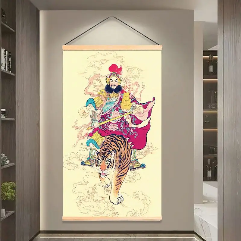 VIKAMA Chinese Riding Tiger Wealth God Wooden Hanger Tapestry Traditional Folk Canvas For Entryway Hallway Home Wall Decor
