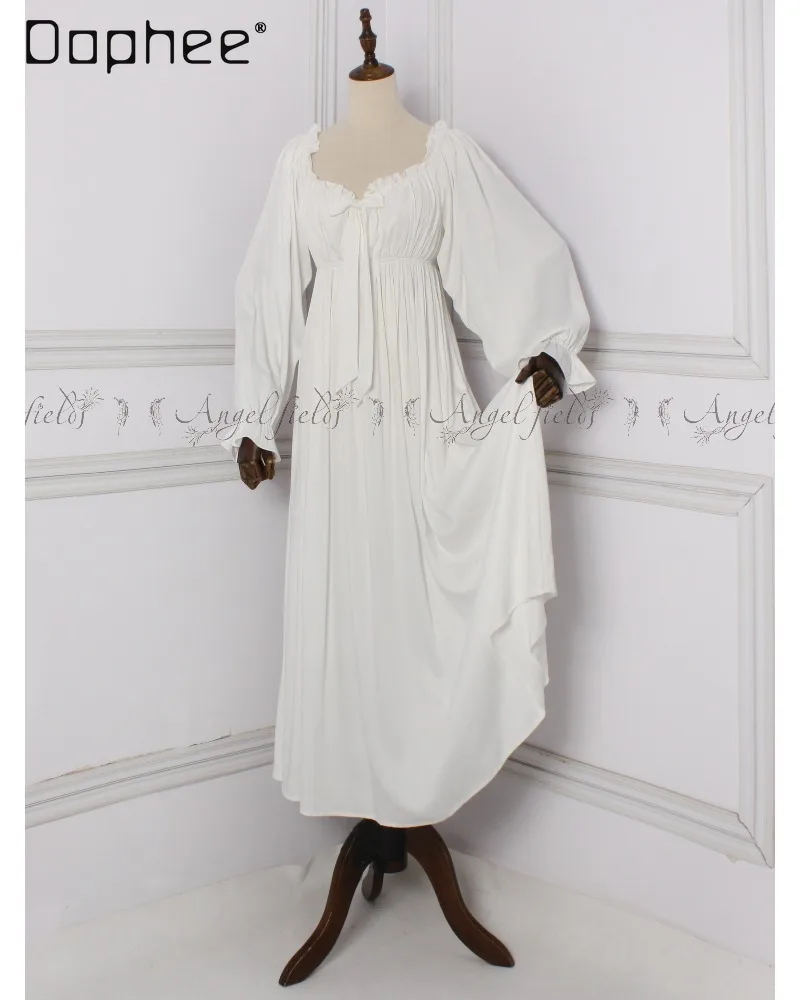 French-style Retro Nightgown Square Neckline Patchwork Ruffled Lace Lantern Sleeves Loose Fit Suitable Women Casual Home Wear