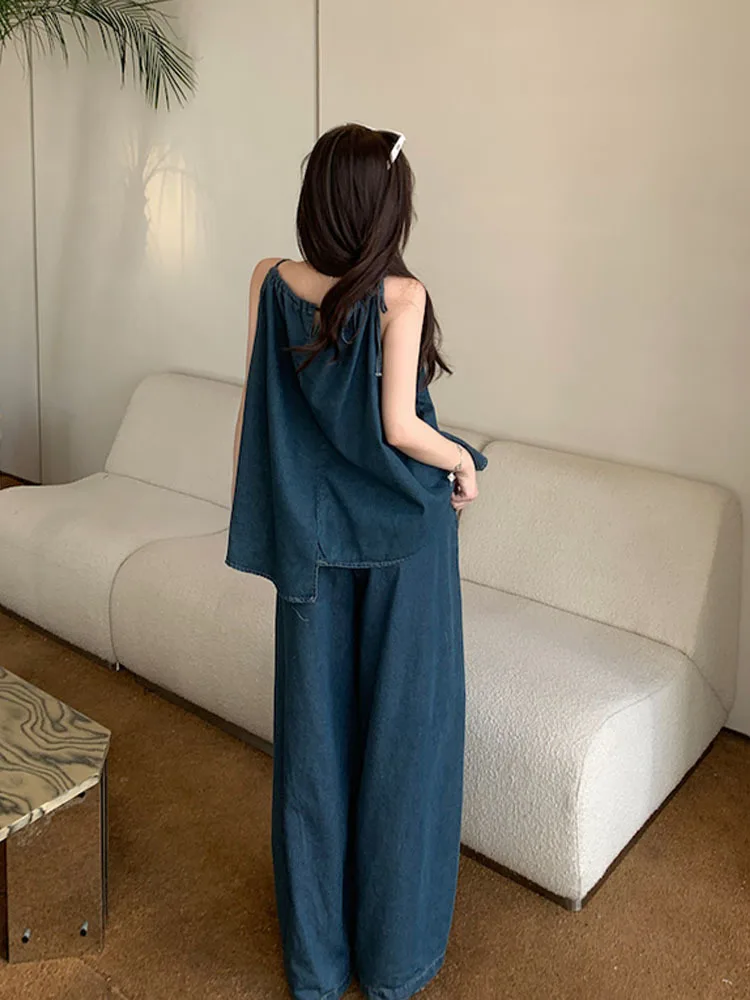 Vacation Style Vest Denim Top Loose Casual Wide Leg Pants Fashion Vintage Two-piece Set Women 2024 New Spring Summer