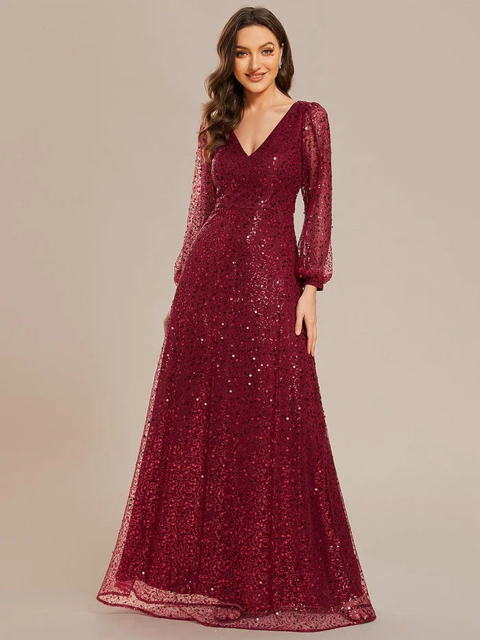 Elegant waisted chiffon Shimmering All Over V-Neck Long Lantern Sleeve Sequin A-Line Evening Dress