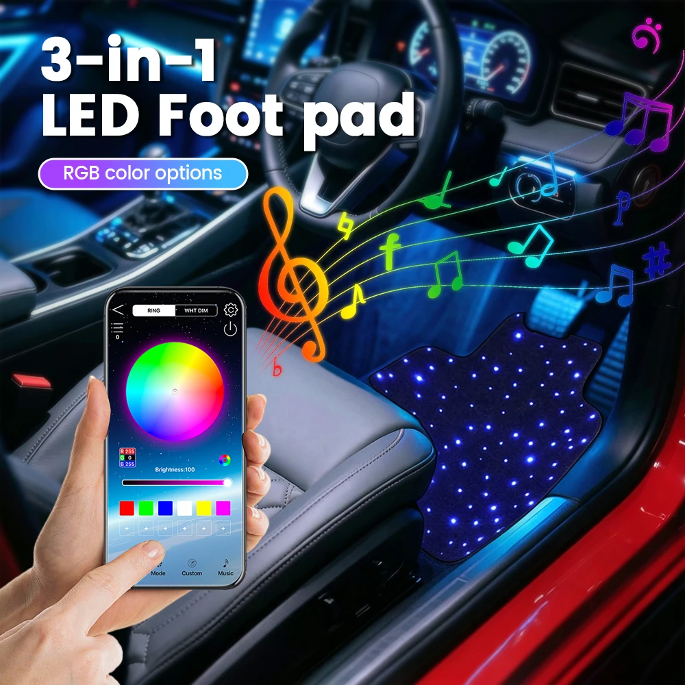 Fiber Optic Starry Sky Floor Mat for Car, 4PCS RGB LED Glowing Footwell Mats with Music Sync APP/Remote Control, 12V Waterproof Car Interior Atmosphere Lights