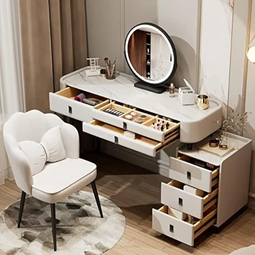 Luxury Vanity Desk,Vanity Table Made of Solid Wood,Features Modern Sintered Marble Top,Touch Screen HD Mirror,Vanity Set 6Drawer