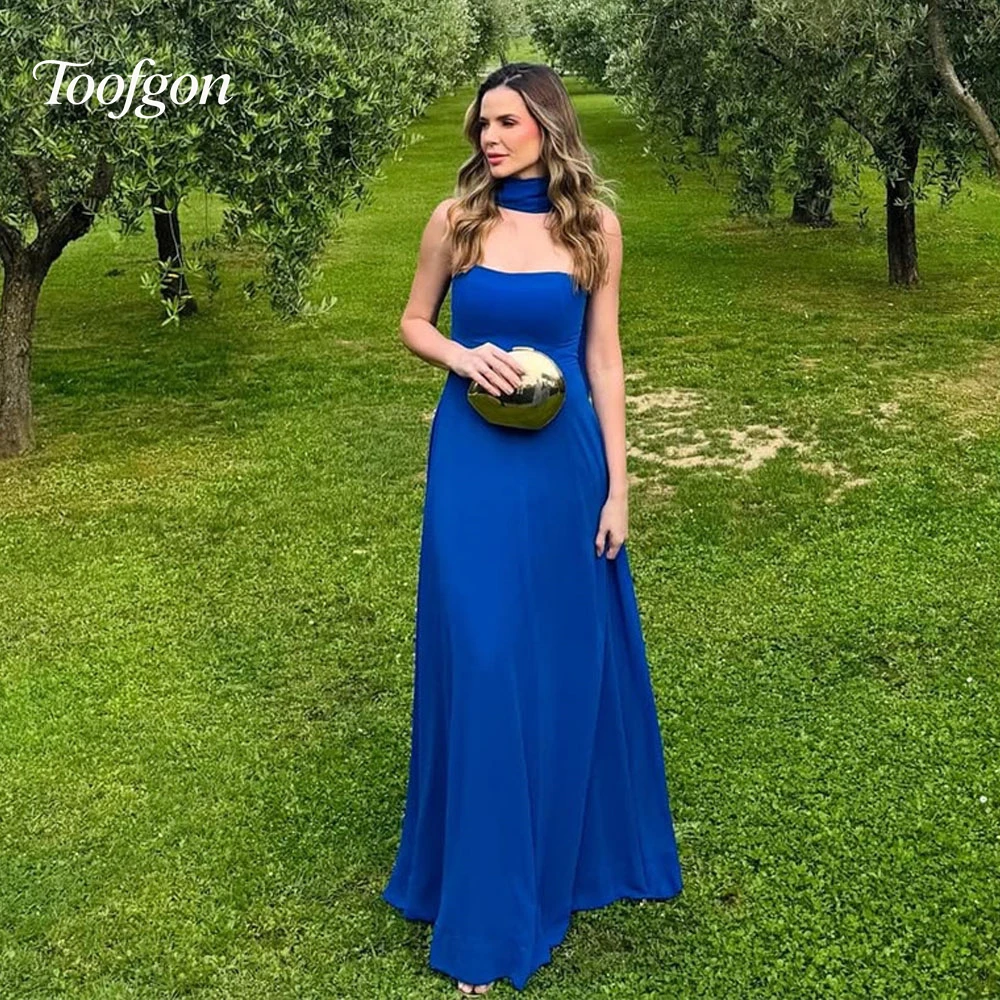 

Toofgon Strapless Crepe Satin A Line Evening Dresses Customized Royal Blue Women Formal Prom Dress Shawls Red Carpet Gown