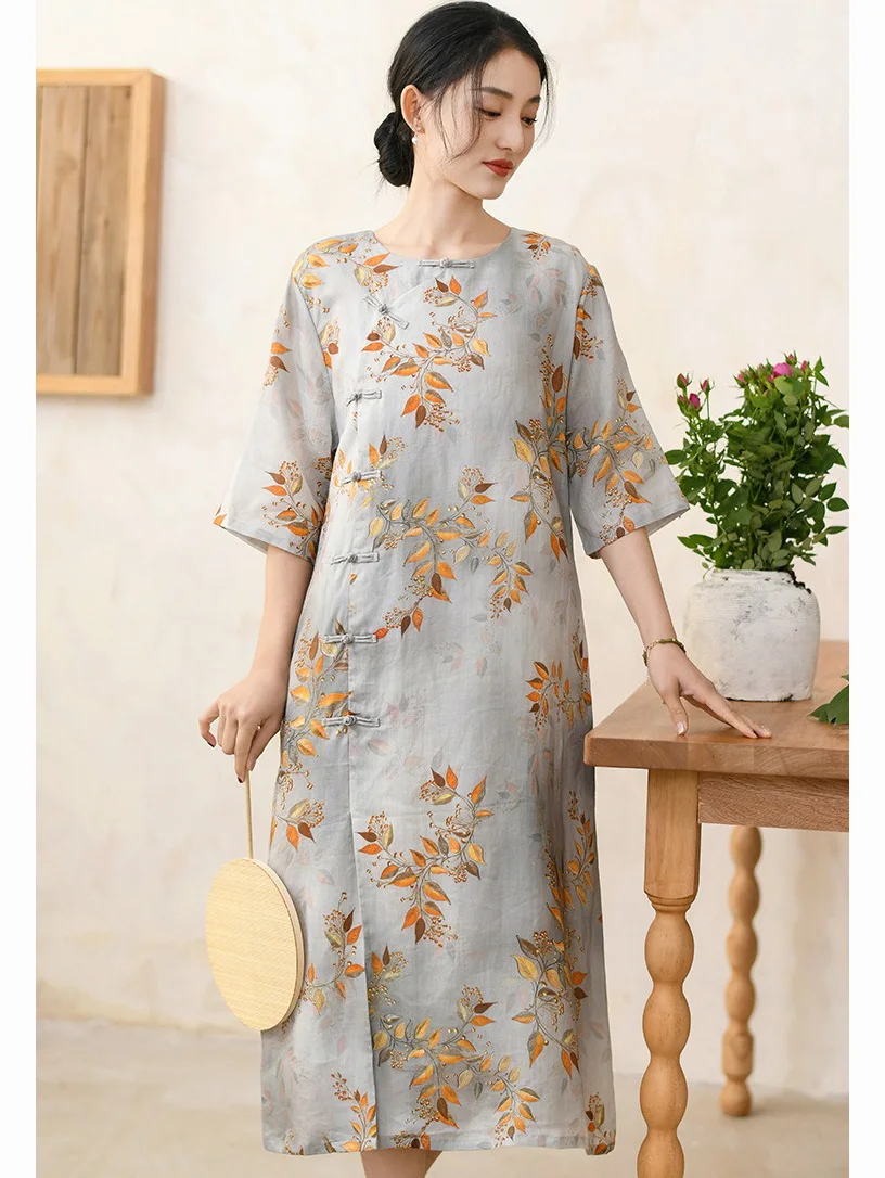 Ramie Cheongsan Dress Modern Chinese Revival Qipao Printed