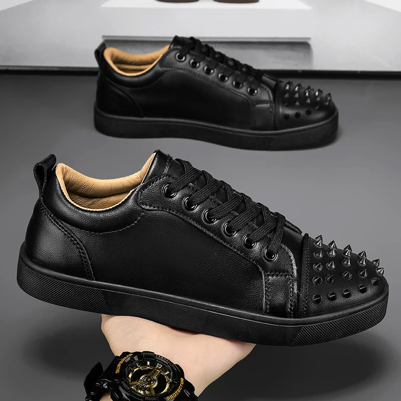 Fashion Men Luxury Rivets Shoes Lace-Up Casual Leather Oxfords Shoes Gold Silver Sneakers Stage Nightclub Dress Trendy Footwear