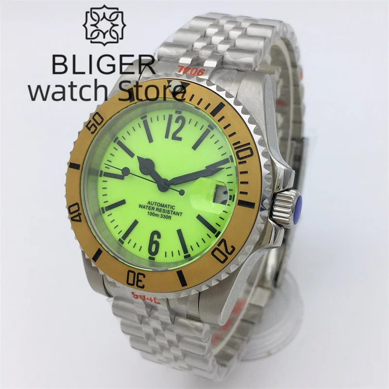 BLIGER 40mm fluorescent green all-luminous dial sapphire glass Japan NH35 Automatic Men\'s Watch Date 10ATM Diver rotating bezel