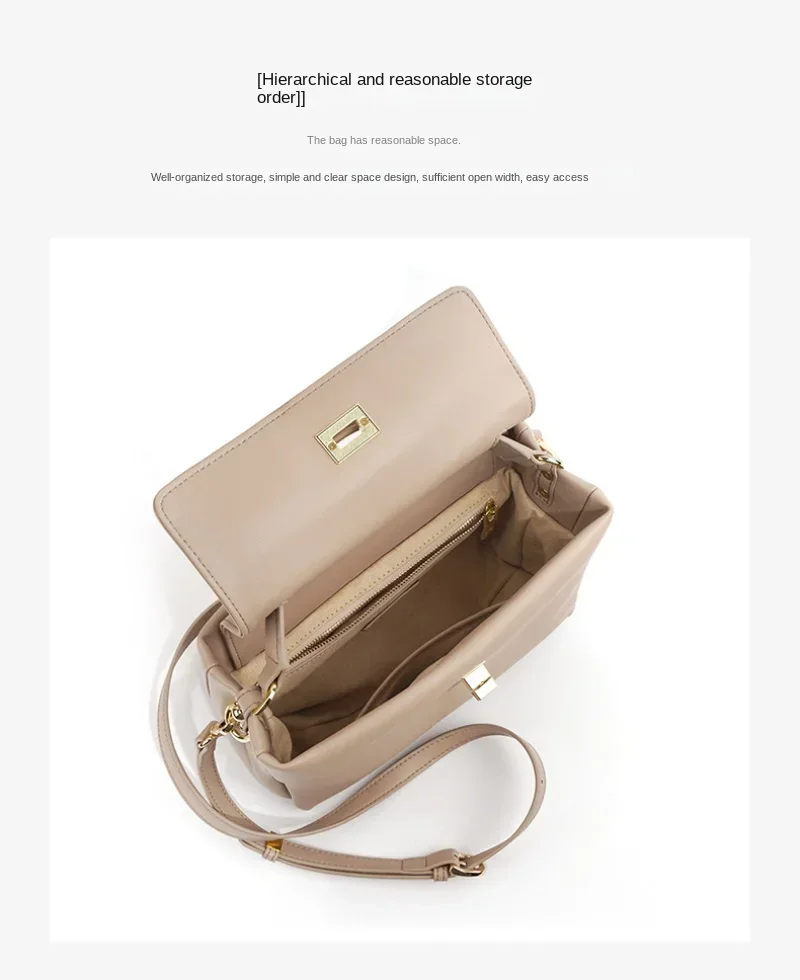 Texture Soft Cowhide Leather Retro Small Square Bag with Fashionable Rotation Lock Buckle Leather Shoulder Crossbody Female Bag