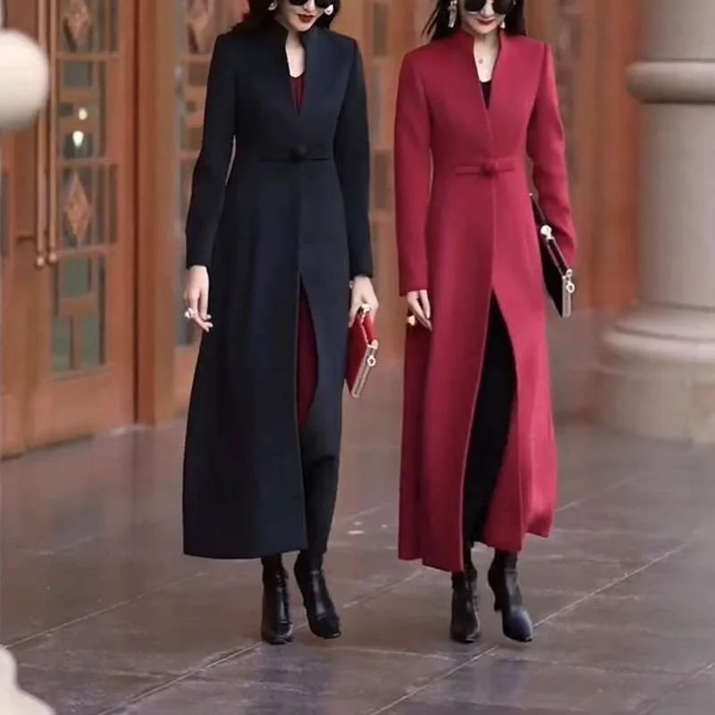 

Aimei yuan Long Sve Long Coat Autumn Winter New Sle Women's Faion Outerwear Double Button Pure Color Other Material