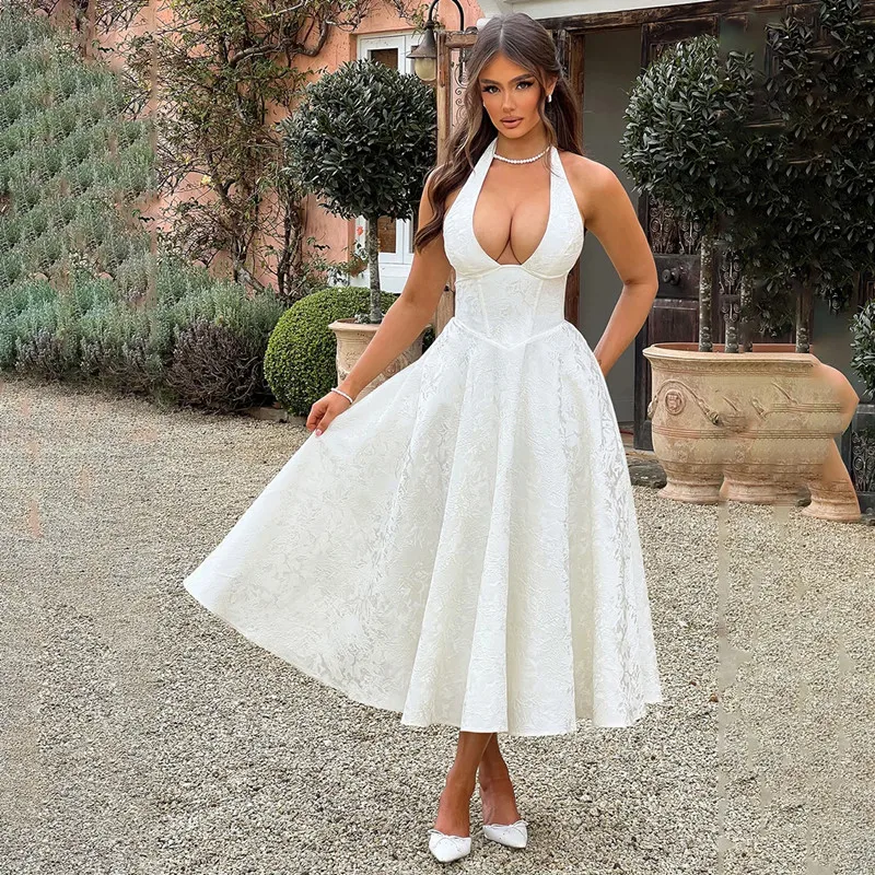 

Modern A-Line White Wedding Dress Sexy Deep V-Neck Halter Wedding Gown Sleeveless Embroidery Simple Backless Mid-calf Customized