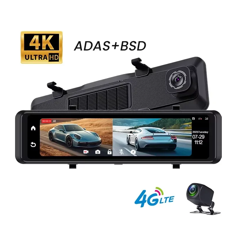 4G Car Camera 4K ADAS BSD Rearview Mirror Car DVR Dual Lens GPS Smart Dash Camera with APP Access Live-view Remote