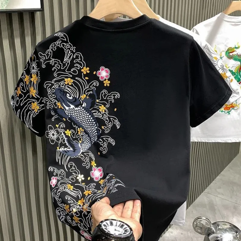 Chinese Style Trend Fashion Thin Summer T-Shirts Men O-Neck Carp Embroidered Short Sleeve Loose Pullovers Bottoming Shirt Tops