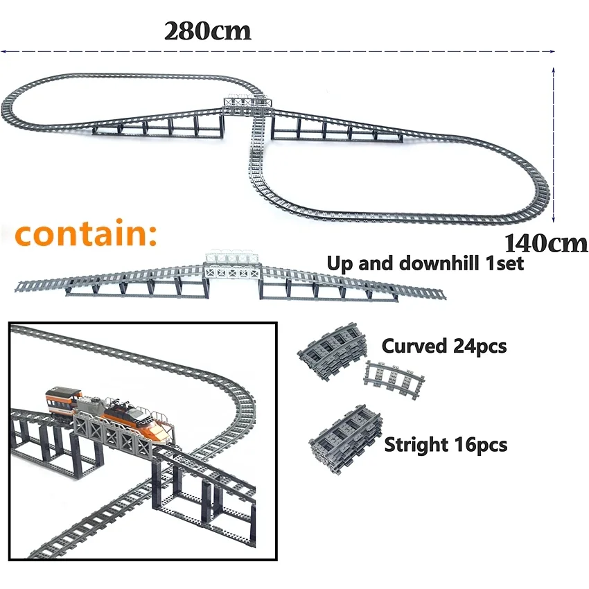 City Trains straight  Track Rail Bricks Model Uphill Tracks soft Flexible Switch curved Railway  Building Blocks kids Toys