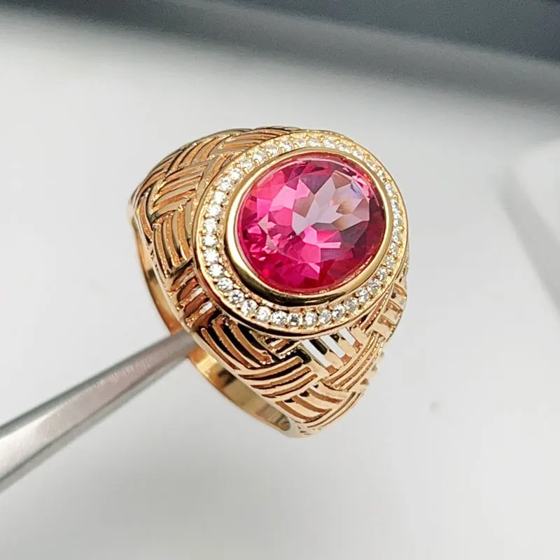 

Luxury Heavy Silver Gemstone Ring for Women 9mm*11mm 4ct Natural Topaz Ring Keep Shining Pink Topaz Jewelry