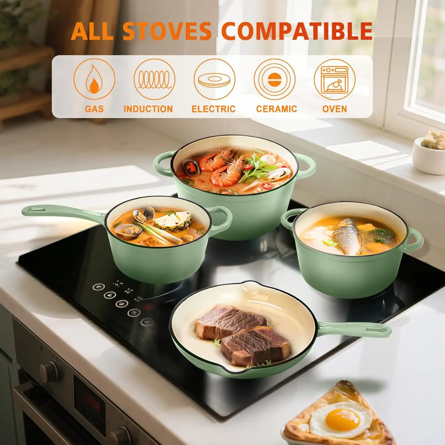 طقم أواني طهي من الحديد الزهر، طقم من الحديد الزهر مكون من 7 قطع، مقلاة صلصة، مقلاة، طقم فرن هولندي، طقم أواني طهي من السيراميك، أوعية ومقالي Se