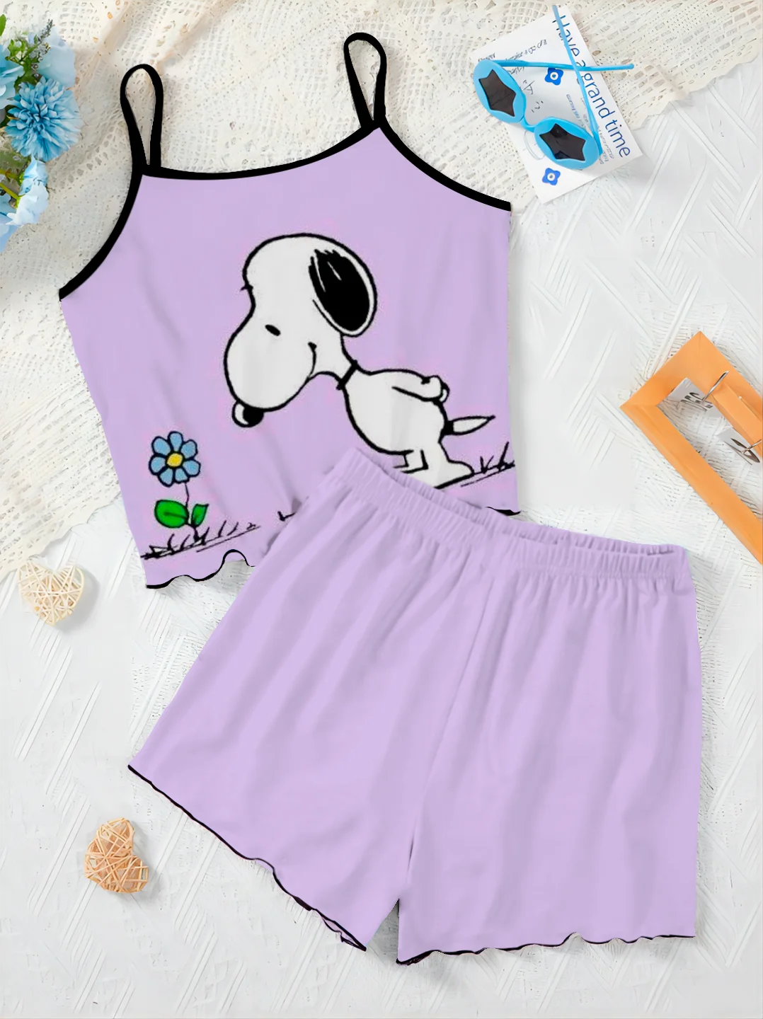 Luxus elegante Damen Sets Snoopy Home Kleid Pyjama Rock T-Shirt Salat Trim Top Stücke kurze Anzug Hosen Set Frau Chic Top