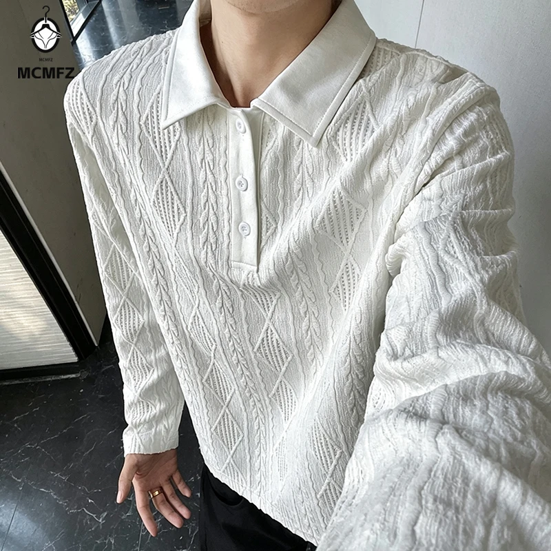 Mens Casual Loose Long Sleeve Polo Top Lapel Collar Diamond Jacquard Pattern Breathable Fabric Daily Shirt
