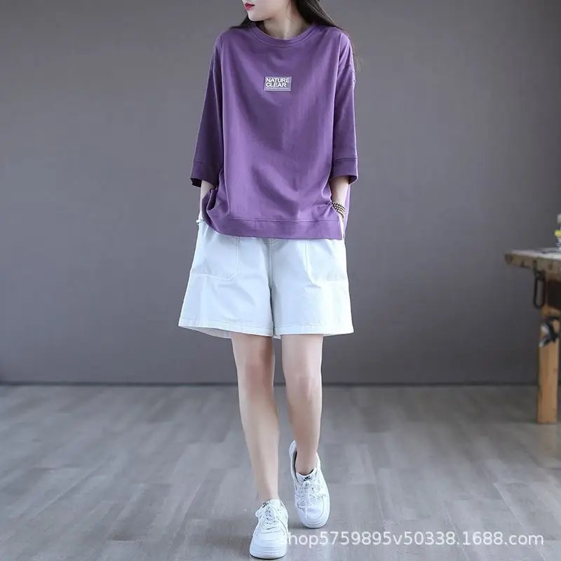 Fashion 2024 Labeling Summer Women 3/4 Sleeve Purple Forking Short Sleeved Casual Loose Large Size Popularity All Match T-shirt